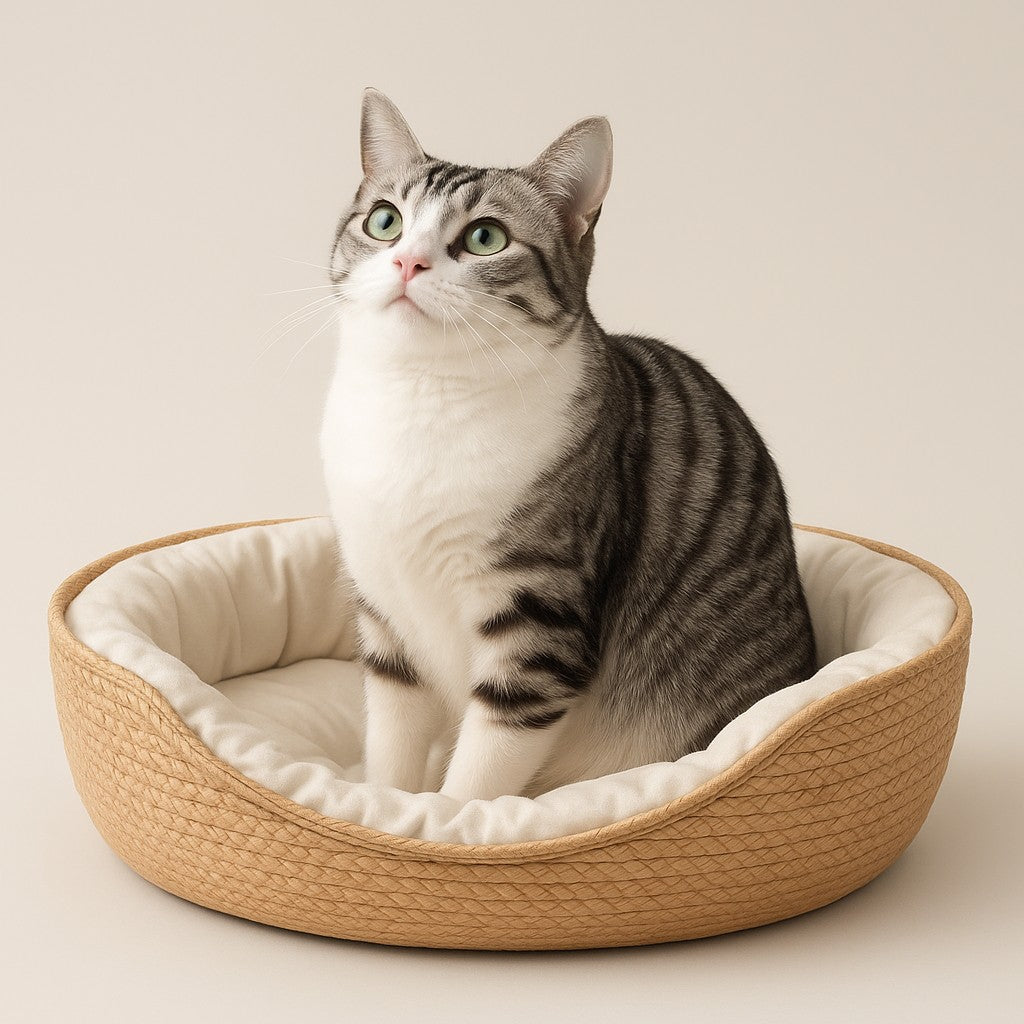 Prime Paws Hand-Woven Cozy Basket Cat Bed with Removable Cushion - premium product photo