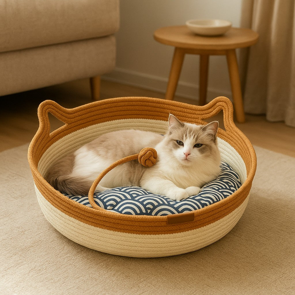 Pet Cat Bed Round Hand Woven Rattan Wear-resistant Cat Bed Summer Pet Bed Indoor Sleeping House Pet Products Accessories - premium product photo