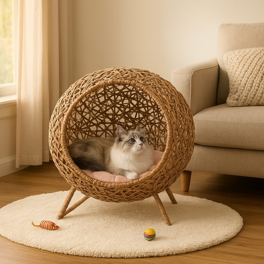 MyPrimePaws Elevated Hand-Woven Banana Leaf Cat Bed & Condo | Luxurious Feline Retreat - premium product photo