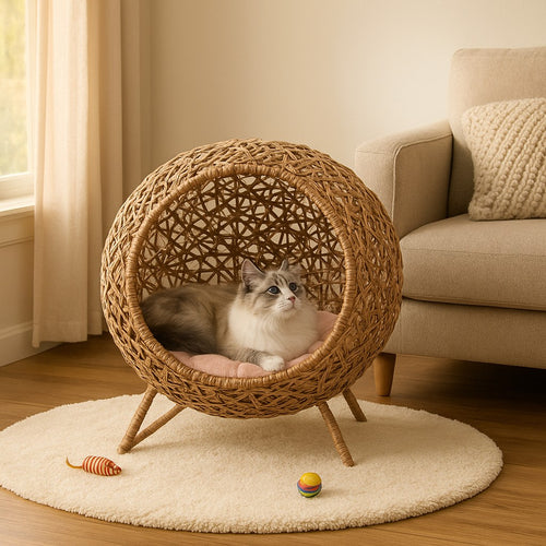 MyPrimePaws Elevated Hand-Woven Banana Leaf Cat Bed & Condo | Luxurious Feline Retreat - premium product photo