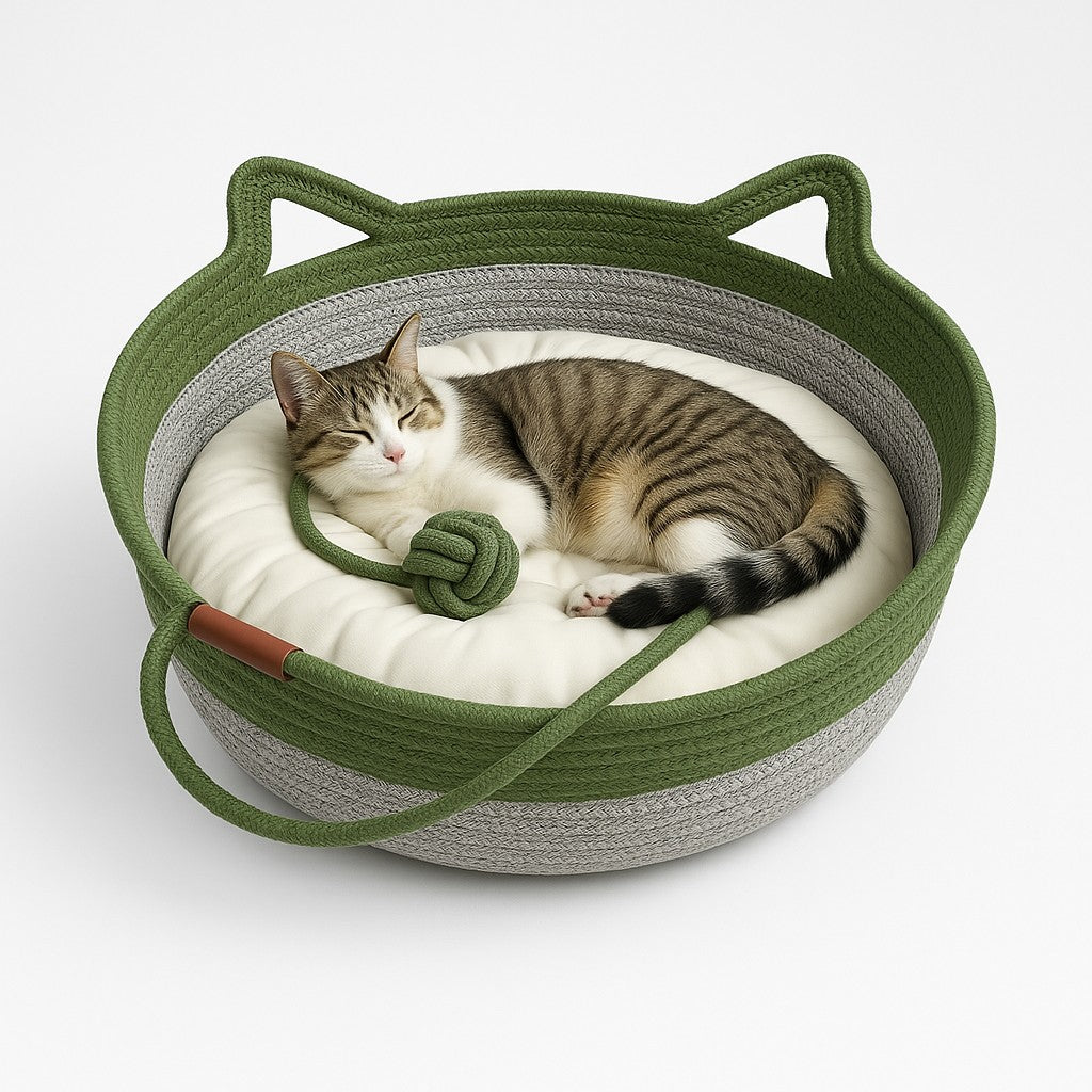 Pet Cat Bed Round Hand Woven Rattan Wear-resistant Cat Bed Summer Pet Bed Indoor Sleeping House Pet Products Accessories - premium product photo