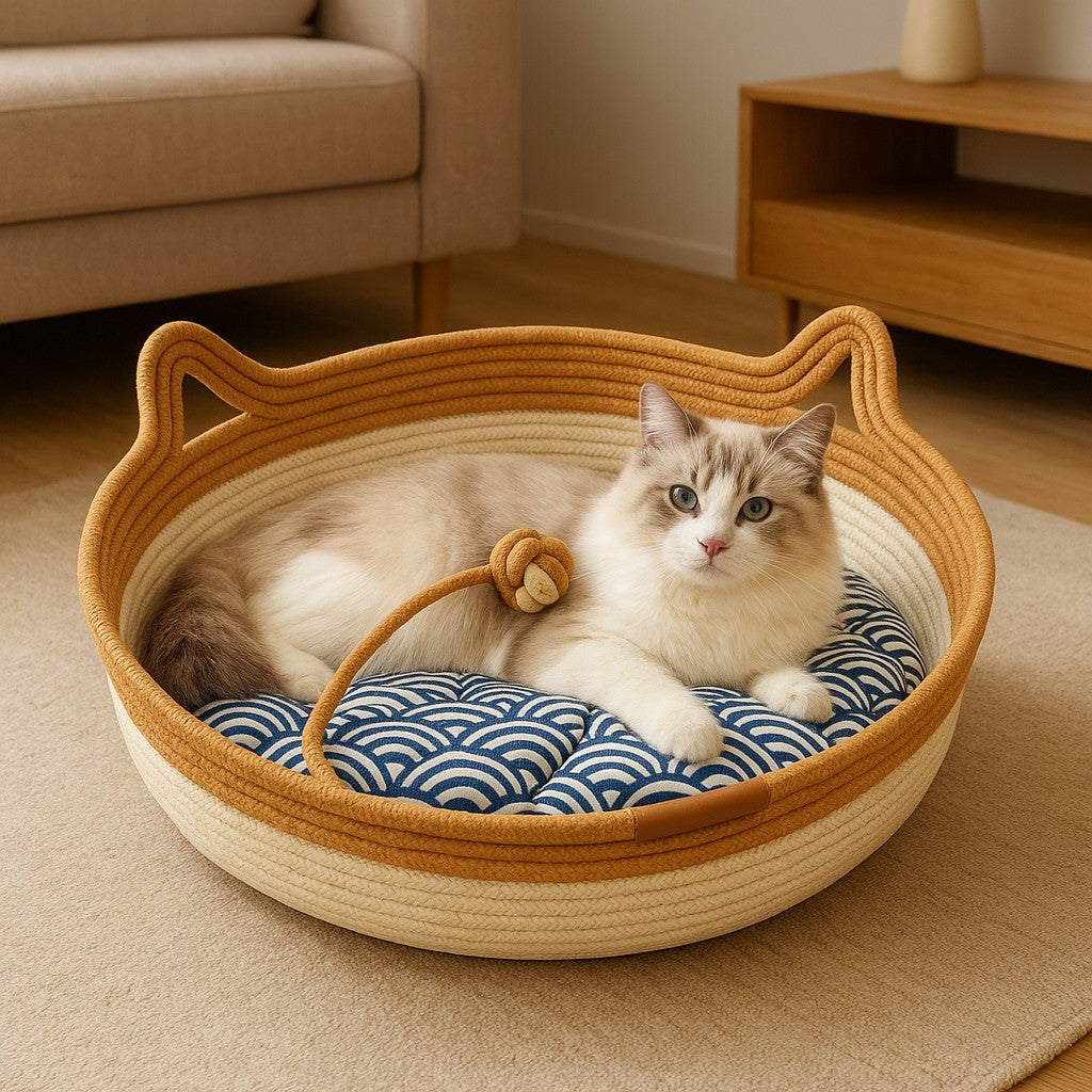 Hand-Woven Rattan Cat Bed & Indoor Sleeping House | MyPrimePaws - premium product photo