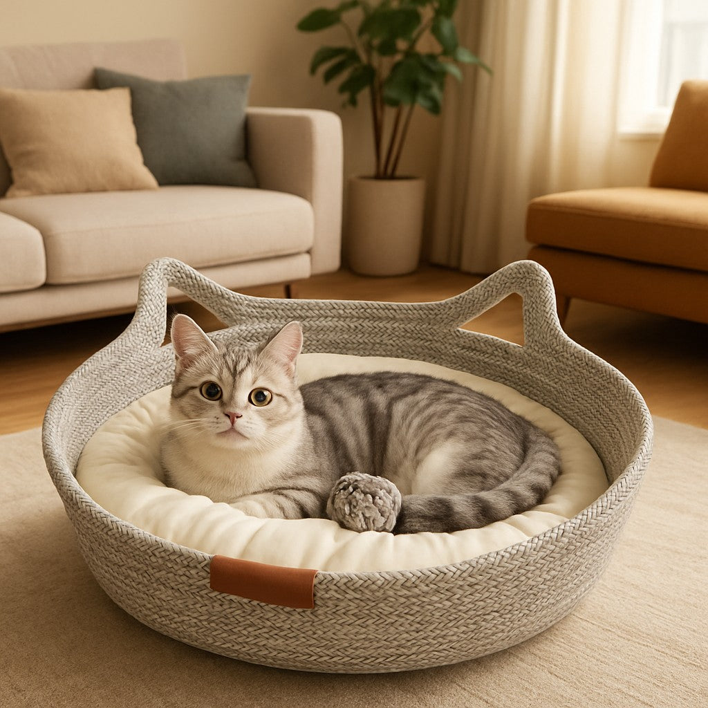 Pet Cat Bed Round Hand Woven Rattan Wear-resistant Cat Bed Summer Pet Bed Indoor Sleeping House Pet Products Accessories - premium product photo