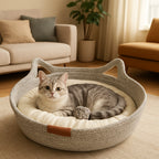 Pet Cat Bed Round Hand Woven Rattan Wear-resistant Cat Bed Summer Pet Bed Indoor Sleeping House Pet Products Accessories - premium product photo