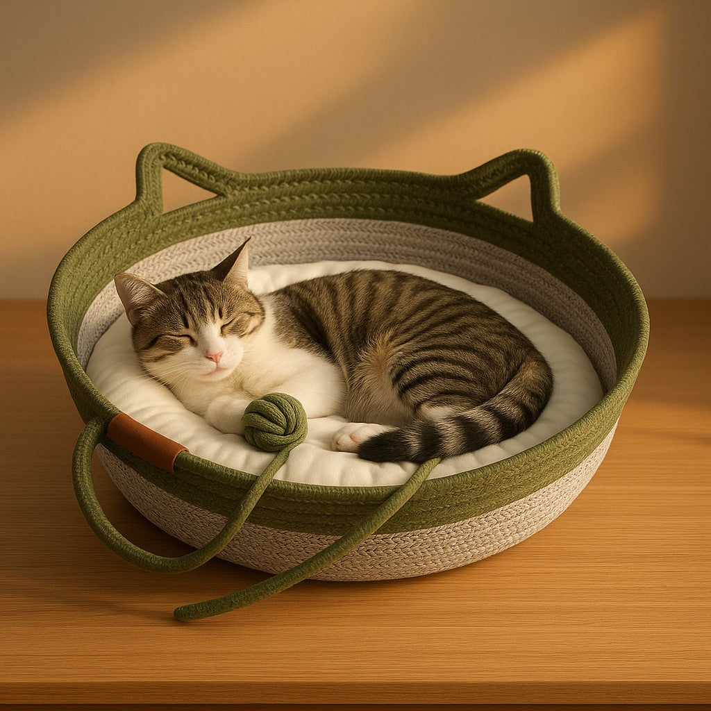 Hand-Woven Rattan Cat Bed & Indoor Sleeping House | MyPrimePaws - premium product photo