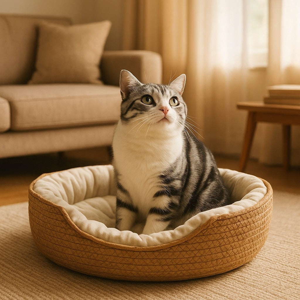 Prime Paws Hand-Woven Cozy Basket Cat Bed with Removable Cushion - premium product photo